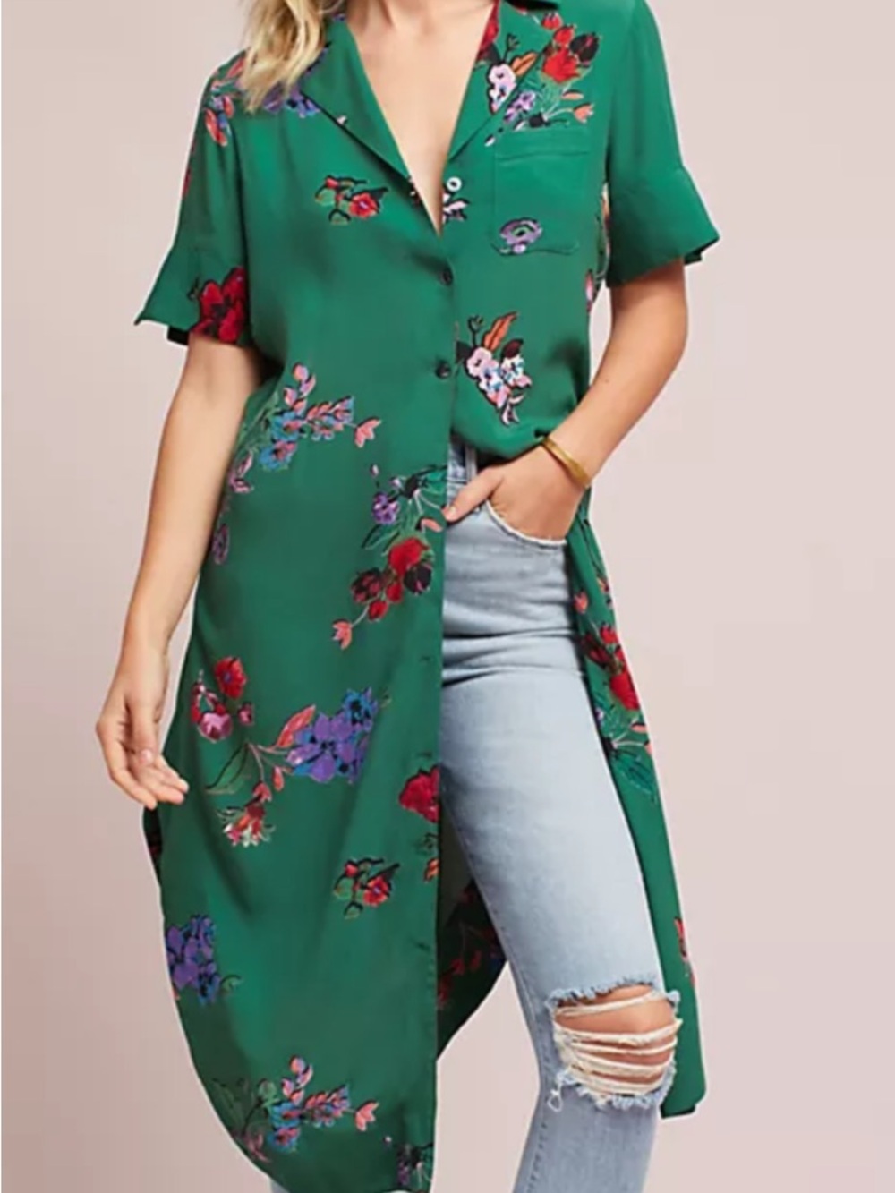 Anthropologie Green Floral Button-Front Duster Shirt/dress